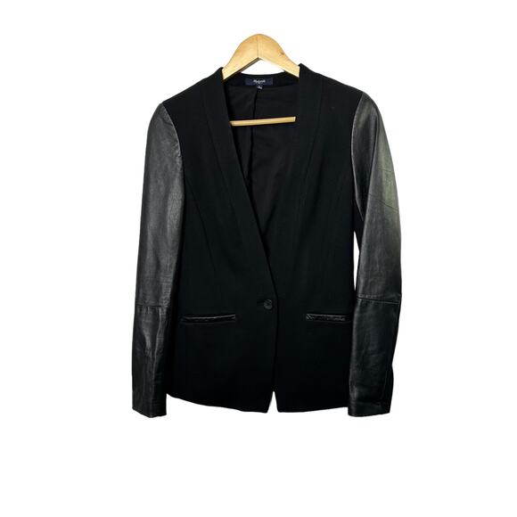 Madewell Black Leather and Twill One Button Blazer Women's Size 0 - Picture 1 of 7